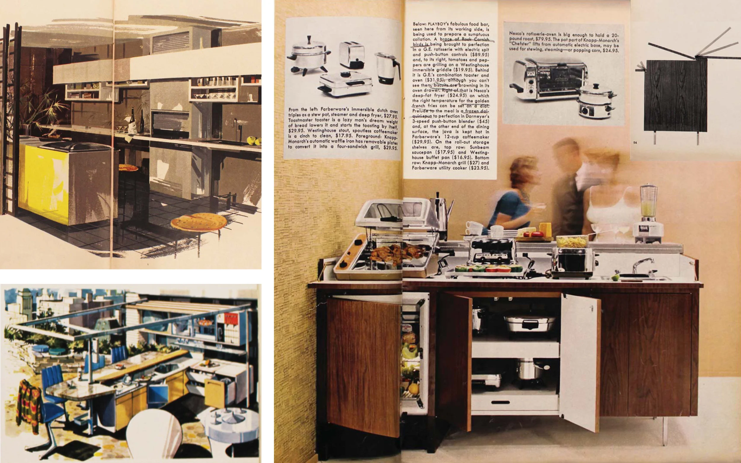 Figure 2: Suggested kitchen replacements, a la Playboy; clockwise from top left: The Playboy Penthouse, September 1956; The Kitchenless Kitchen, October 1959; The Playboy Patio Terrace, August 1963. Playboy ’s crusade against the kitchen takes place in kitchen replacements. Depicted here are a few versions of kitchen transformations which, over time, remove all recognizable nuclear concepts of the kitchen. The first iteration features a hidden kitchen, tucked neatly behind a shoji screen, with no allusion to the hygienic or practical functions of cookery. The Kitchenless Kitchen suggests the complete lack of cooking space made up for in performative, transformative counters and crevices made to fit new, specialized contraptions rather than conventional dowry-shrouded appliances. The bachelor enters in. Lastly, the suggestion of a non-kitchen kitchen appears on the playboy patio terrace, where all practical or necessary functions are removed and replaced by the purely performative and social.