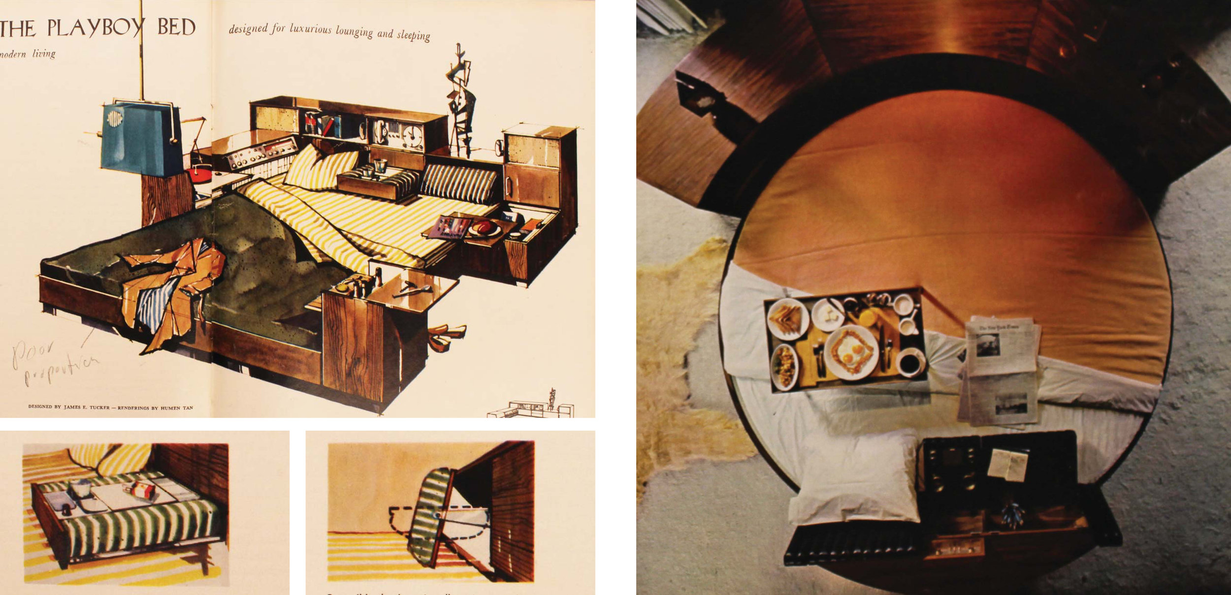 Figure 3: Designs for the Playboy Bed: The Playboy Bed, November 1959 ; The Playboy Bed, April 1965 . The removal of domestic culinary space is further emphasized by the centralization of the bachelor pad around the bedroom. Playboy transforms the sleeping space into a technological and sexual hub where the bachelor exhibits dominance over his abode and his late-night companions. Two designs for a bed are filled with gadgets and control panels allowing the playboy to flick , touch , rub , throw , or push his way to satisfaction: sound and lighting systems are easily reached, food storage and serving areas are copiously built in, and the round bed even rotates to match the playboy’s preferred view. The highly-engineered qualities of the beds realize the fantasies of the male agoraphobe and reduce the spatial requirements of feminized programs down to toys that can be played with.