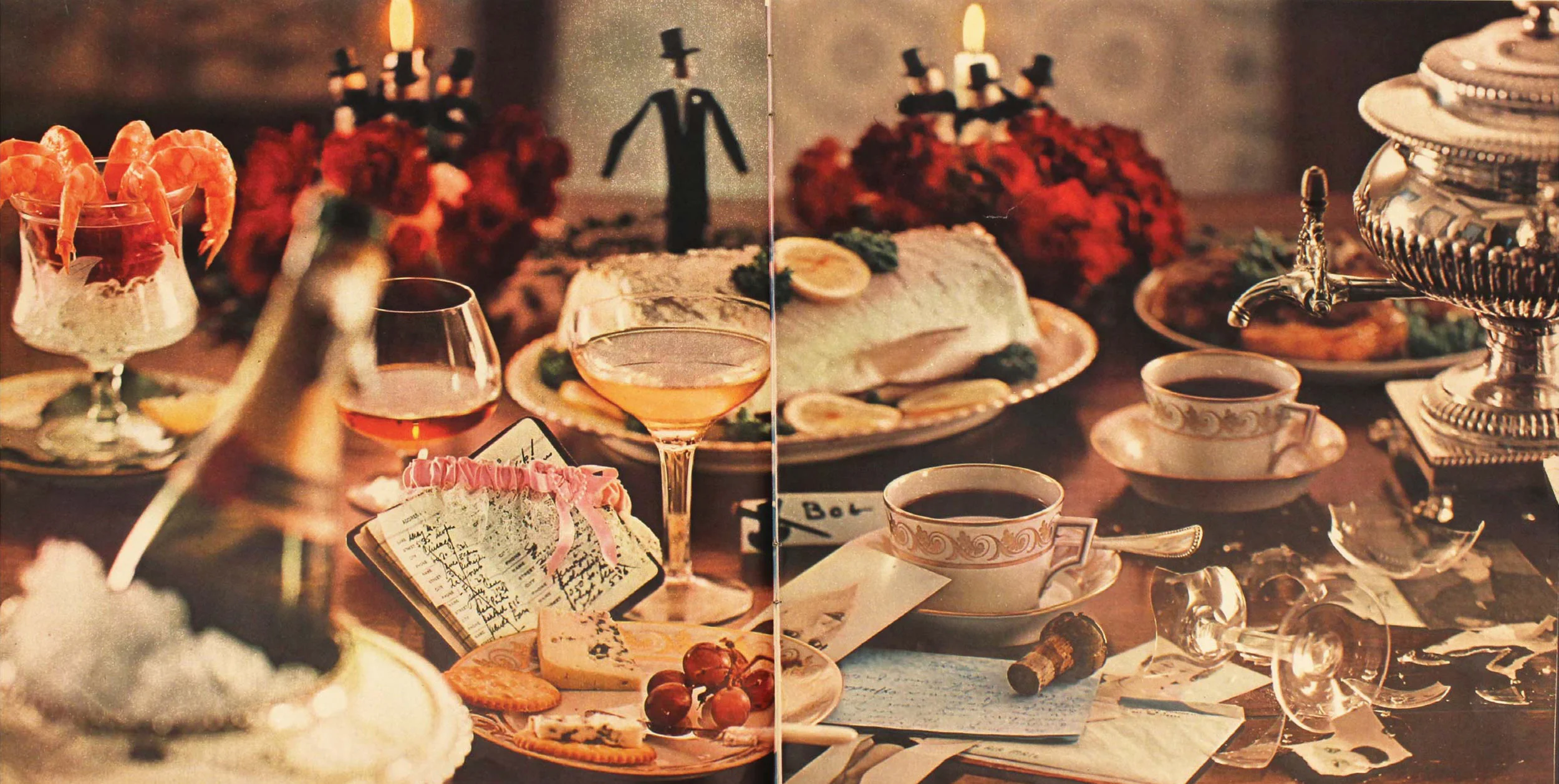 Figure 4: The Bachelor Dinner , Playboy , June 1956 . Articles such as The Bachelor Dinner visually illustrate the spatial consequences of food practice within the bachelor pad. The article discusses ways in which sex can be introduced to the stag party: “ There may be a few pieces of erotica around, some movies, perhaps, or a girl or two. . . . It’s like dangling a steak before a bloodhound and then snatching it away ” CITATION Mar56 \p 25 \l 4105 (Mario, The Bachelor Dinner 1956, 25) . Depicted here is an abundant mixture of sexual and gastronomic pleasures in communal space; a garter, address book, and poster girls are tossed carelessly amongst shared dishes, alcohol, and broken glass. The disorganization and playful nature of the setting counters idealized images of domestic living and, as such, is identified as male space.