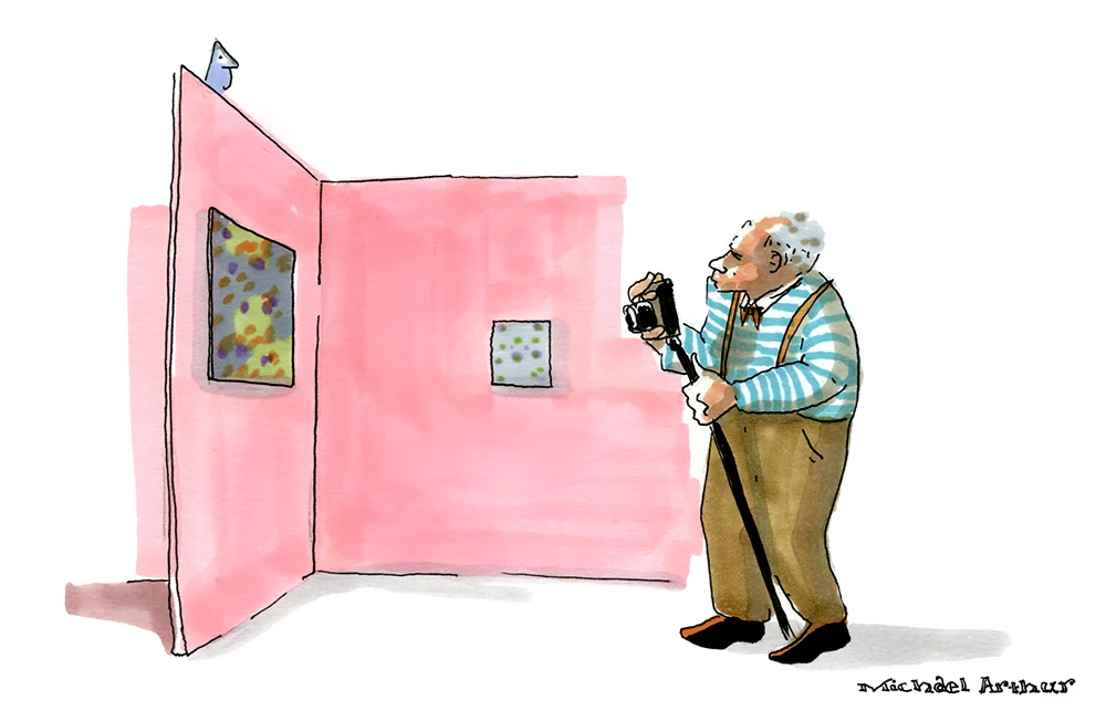 This is an "out-take" from my Armory Show series for Vanity Fair . It didn't really happen--it's a juxtaposition of a drawing I was trying to get of an elderly man with his camera wandering and shooting the art and a bird I heard singing up in the rafters of the pier. It was a bare bones line drawing that I abandoned the other day--sometimes that happens when I'm trying to capture something and I get distracted or it just doesn't work in the moment--but I finished it this morning for fun. A cartoon of a scene that didn't happen but could have . . .