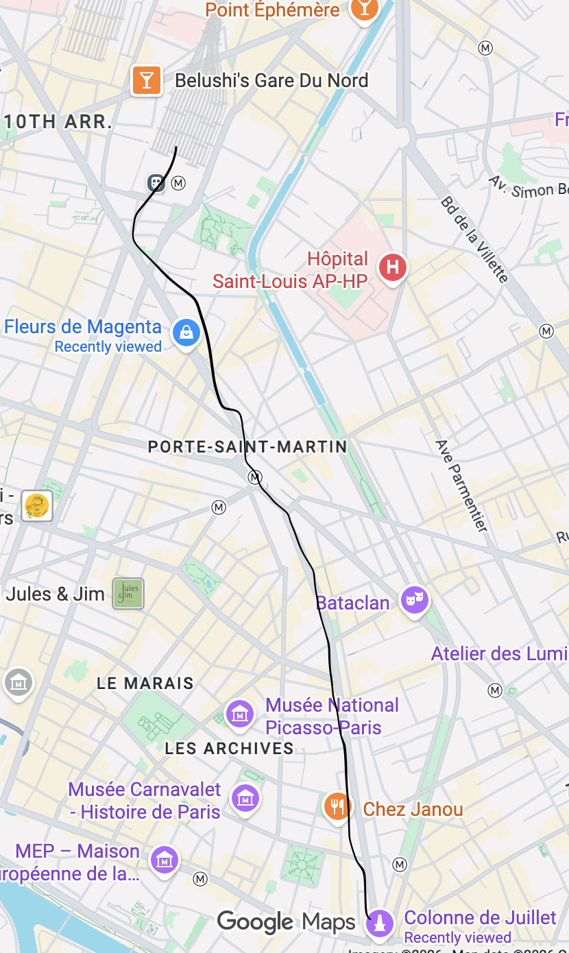 Map of a walk from Gare du Nord to Bastille