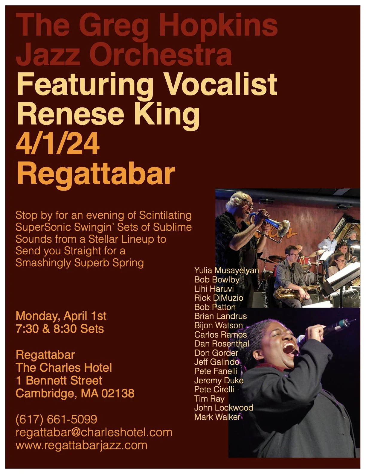 Greg Hopkins Jazz Orchestra Ft. Renese King @ Regattabar 4/1/24