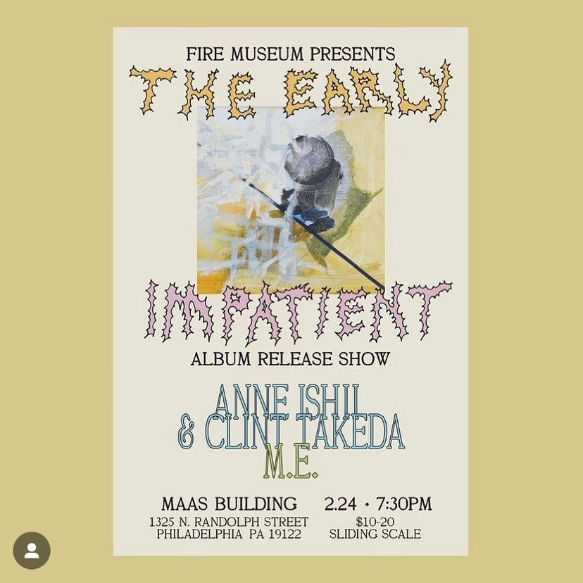 Your weekend wrapped up: tonight at 7:30, @fire_museum_presents hosts release party for Impatient, the new record from our fave post-rock jazz minimalists @theearly_band. Plus! Solos and a duo from Anne Ishii &amp; Clint Takeda, plus the ever-ambient