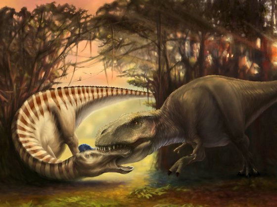 Art of a Tyrannosaurus biting into the snout of a bellowing Edmontosaurus.