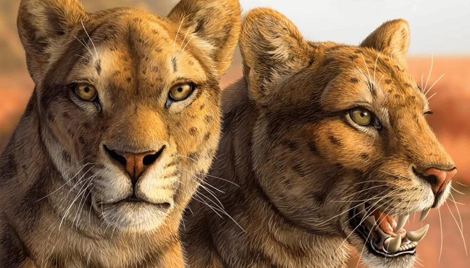 Art showing two early, puma-like sabertooth cats, one looking at the camera and the other to the side, mouth open.