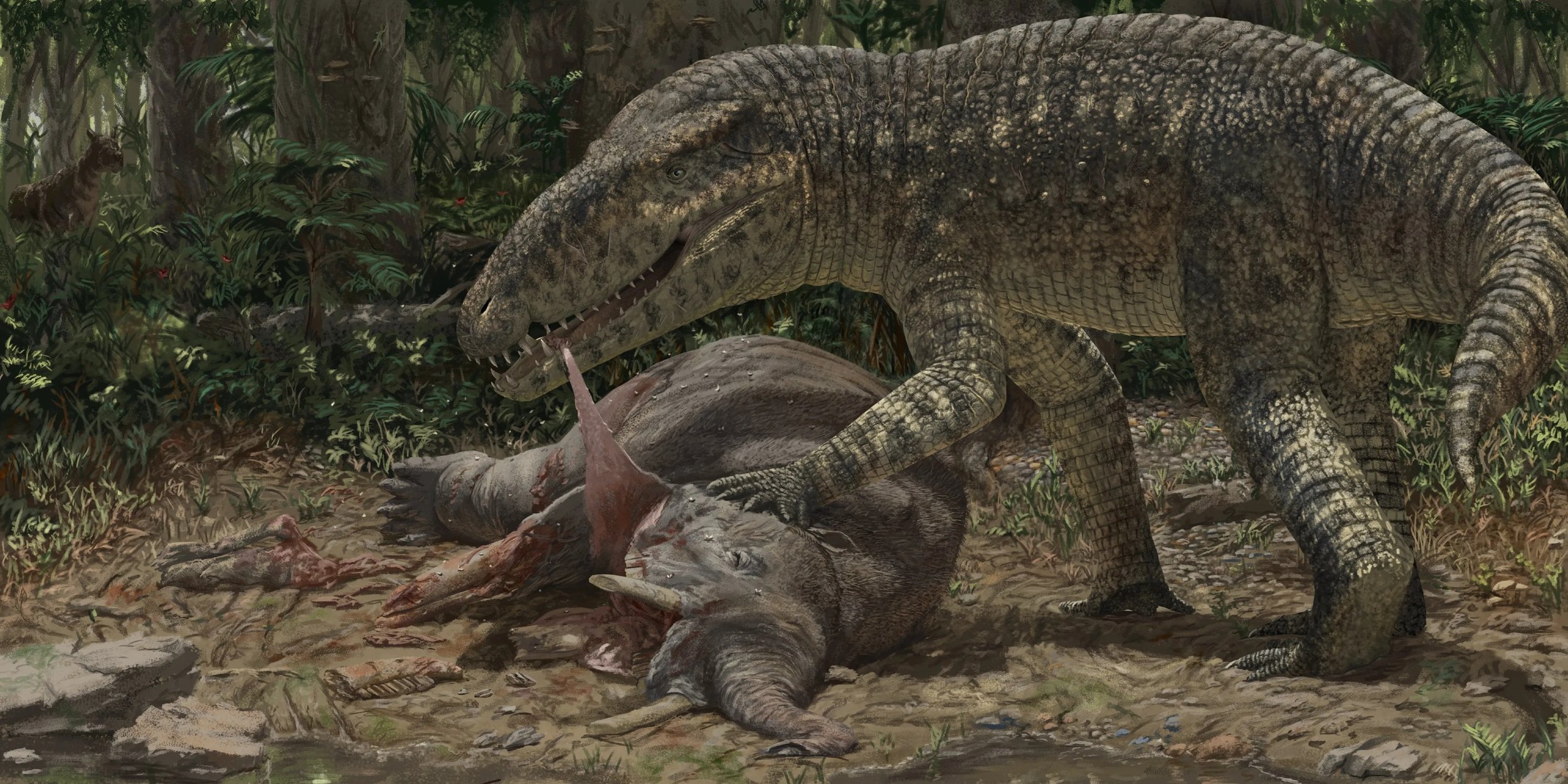 A terrestrial, long-snouted crocodile pulls flesh from the head of an elephant-like mammal in a forest.