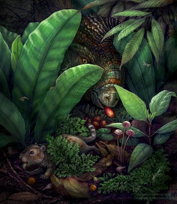 A Late Cretaceous forest foull of flowering plants, a small dinosaur eating a seed while a mammal runs off with one in the foreground.