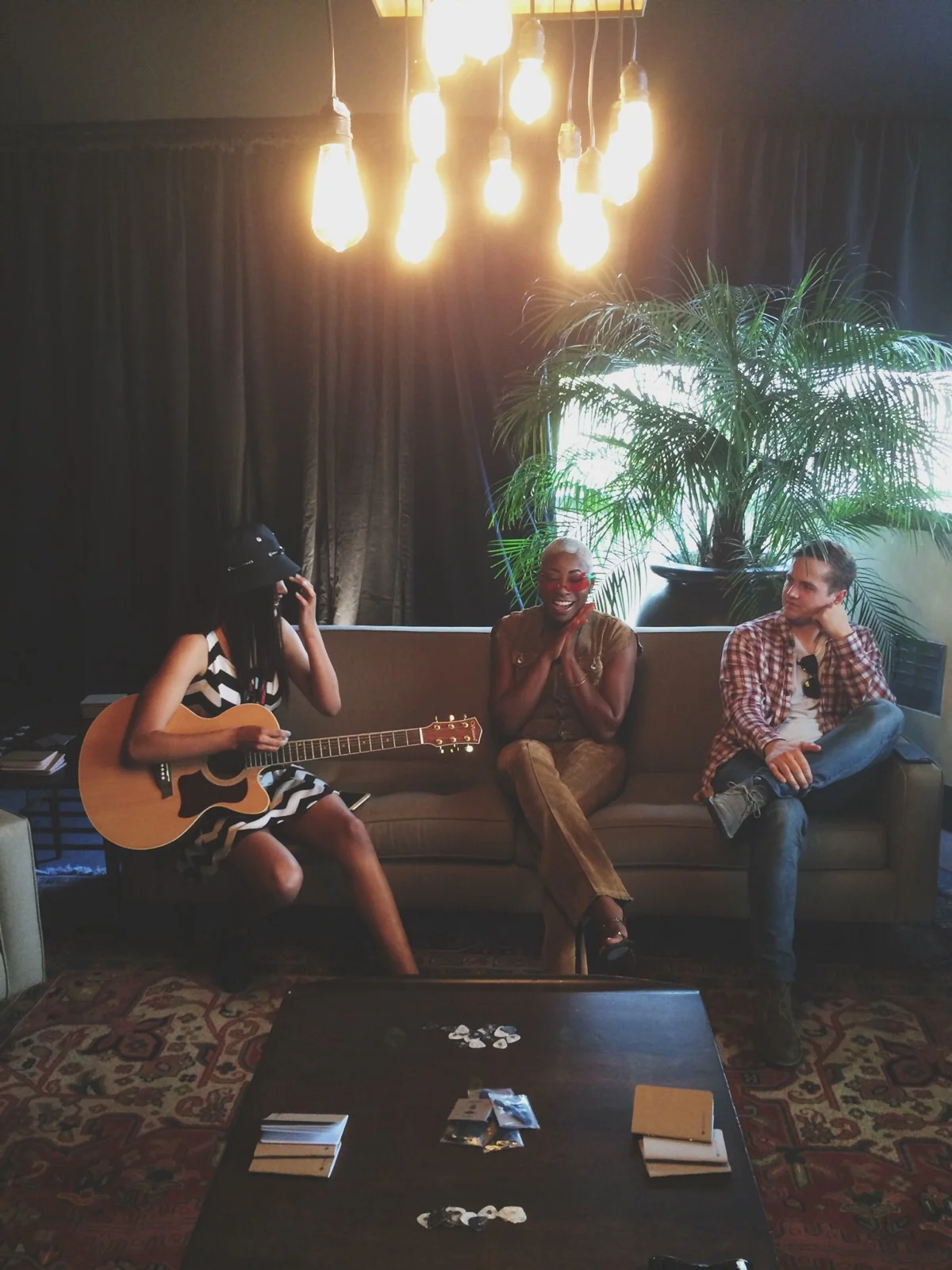 Musicians making connections in the lounge area