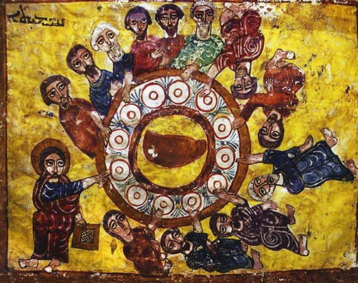 From a 12th century syriac lectionary. Entitled "The Last Supper"
