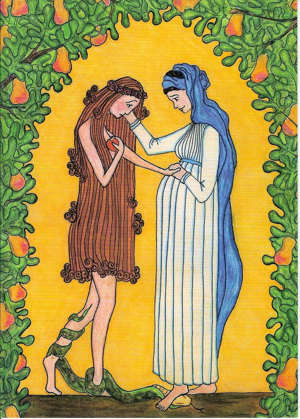 "mary consoles eve" crayon and pencil by sister grace remington, ocso copyright 2005, sister of the mississippi abbey. printed by permission