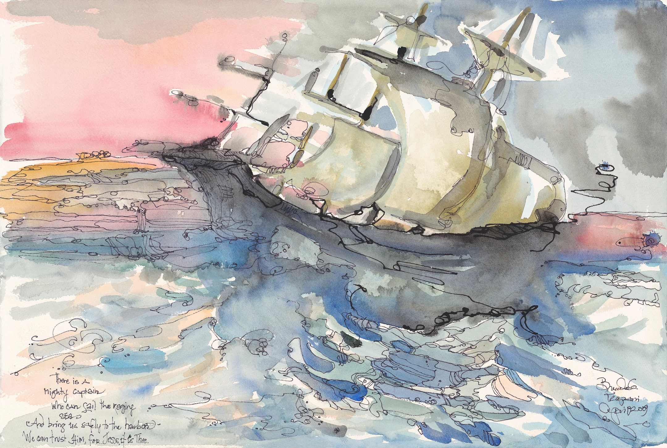 "Mighty Captain" watercolor & ink by Brenda Trapani, a University Church Member. See more of her artwork at: brendatrapani.com