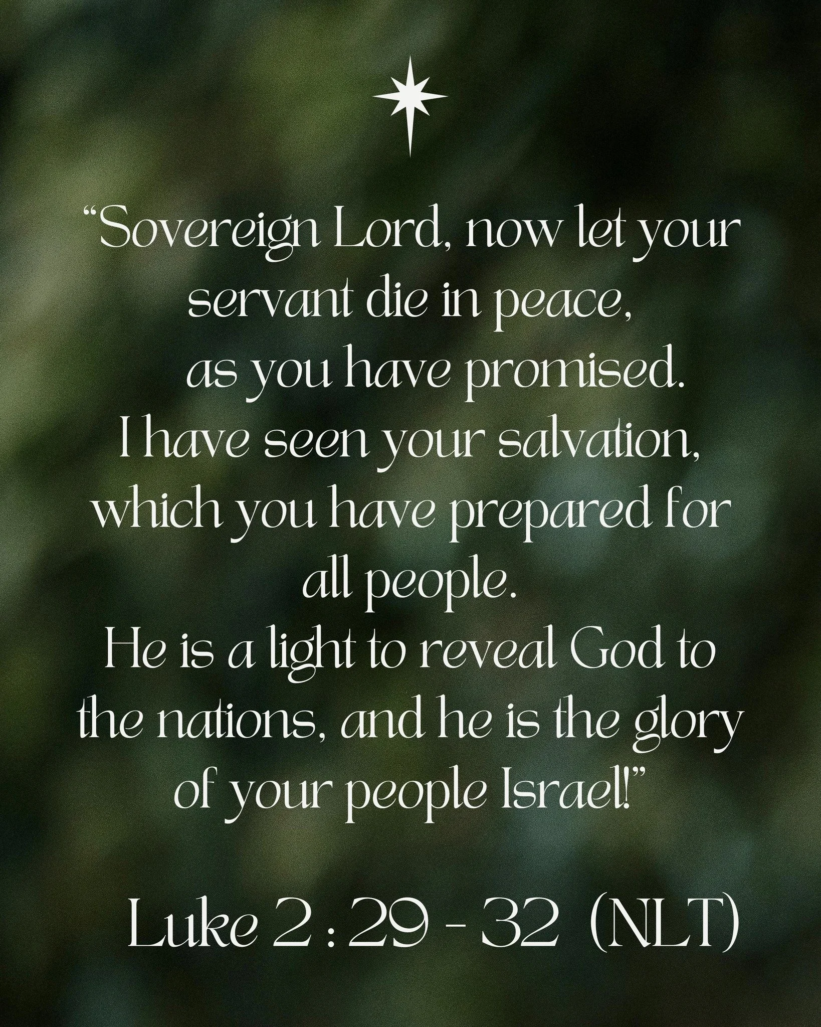 &ldquo;Sovereign Lord, now let your servant die in peace,as you have promised. I have seen your salvation, which you have prepared for all people. He is a light to reveal God to the nations, and he is the glory of your people Israel!&rdquo; 

- Luke 