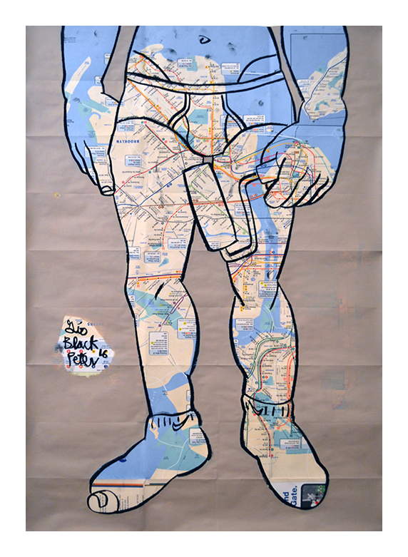 Sunday Morning. Acrylic and oil pastel on NYC Subway map. 23"x32.5"