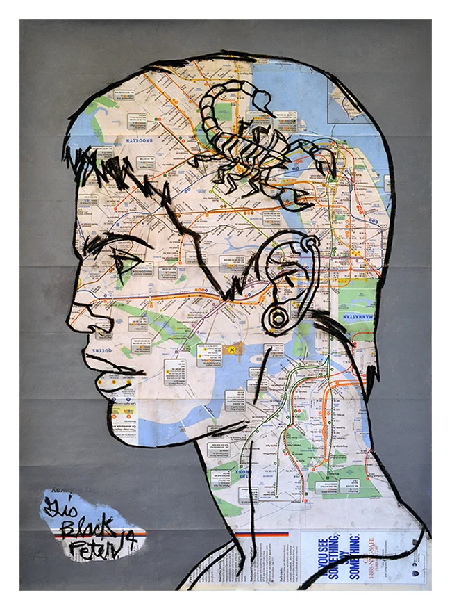 Crayola James. Acrylic & oil pastel on NYC Subway map. 23”x31.75”