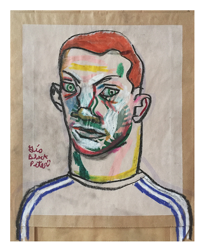 Hello Colman. Mixed media on starbucks paper bag. 6.5"x.8.25"