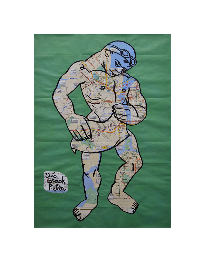 Creature From McCarren Park Pool. Acrylic and oil pastel on NYC Subway map. 23"x32.5"