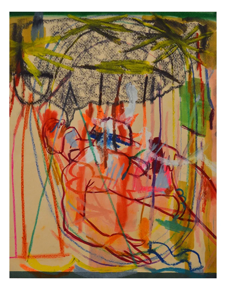 Staycation under a cloudy sky. Mixed media on archival paper. 8.5"x11" Signed on back. 2018