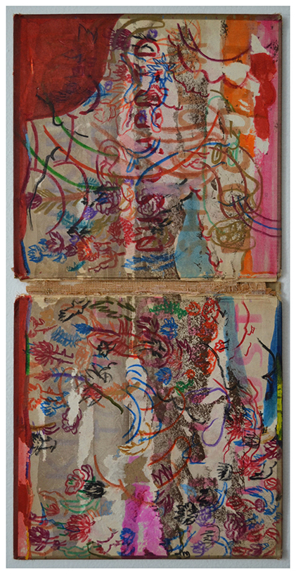 Making love to the discarded shell of a locust. Mixed media on found book cover. 8.5"x17.5", signed on reverse.