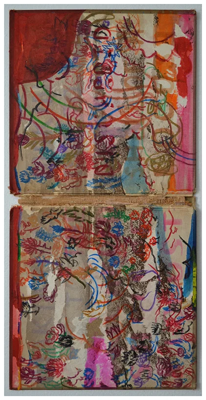 Making love to the discarded shell of a locust. Mixed media on found book cover. 8.5"x17.5", signed on reverse.