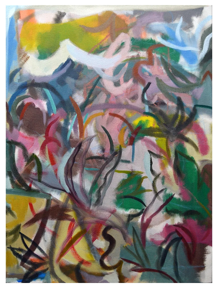 Tents and Flowers. Oil, acrylic on canvas. 22” x 30”. 2019, signed on reverse.