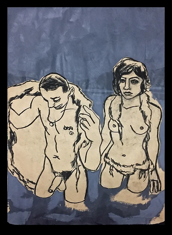 13 cycles in a whirlpool of sludge. Oil pastel, acrylic on paper bag. 17" x 24.5". 2019, signed on reverse.