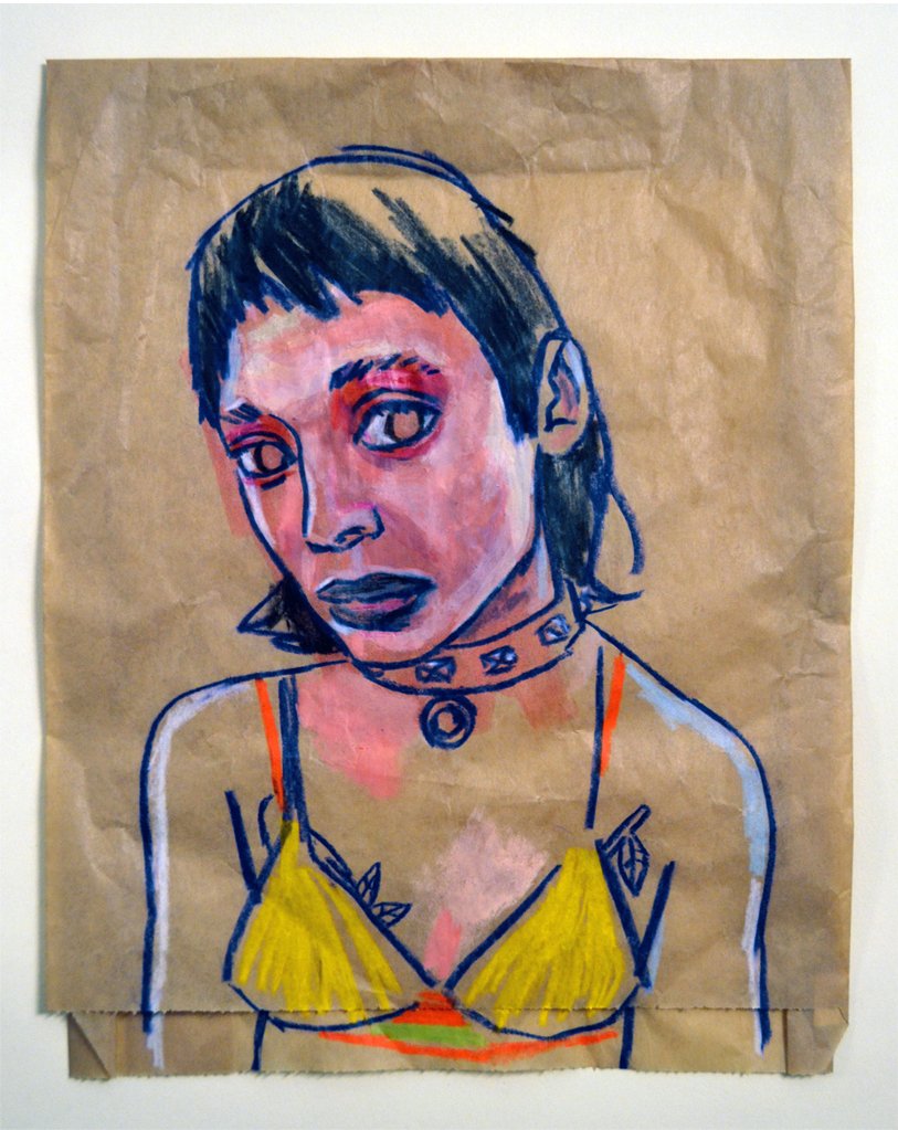 Nicky. Acrylic, colored pencil, marker on treated paper bag. 6.5"x8.5".