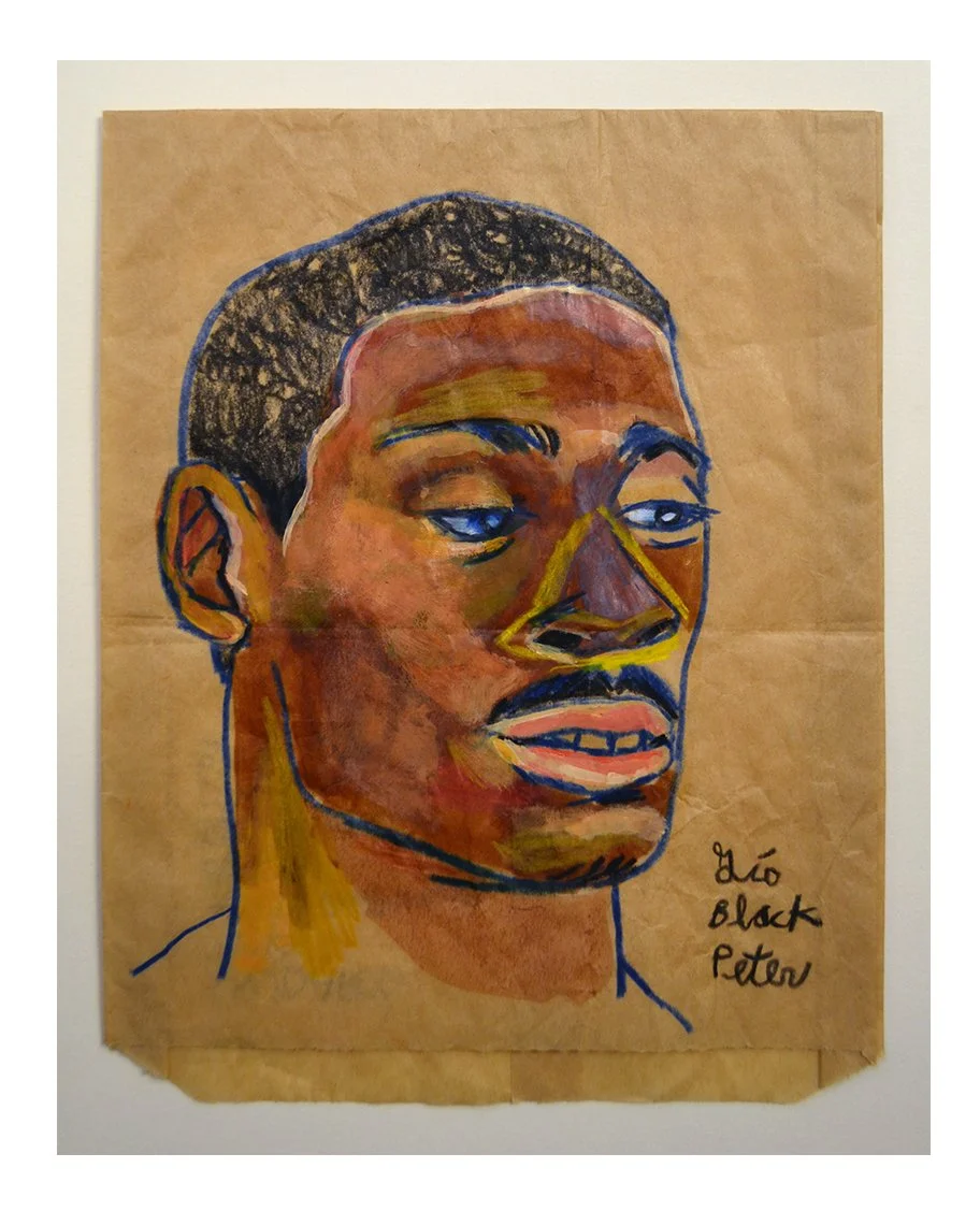 Mateo. Acrylic, colored pencil, marker on treated paper bag. 6.5"x8.5".