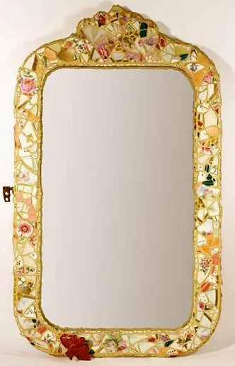 Multicored Mirror with Red Birdy Cream Grout 26 x 15 $750