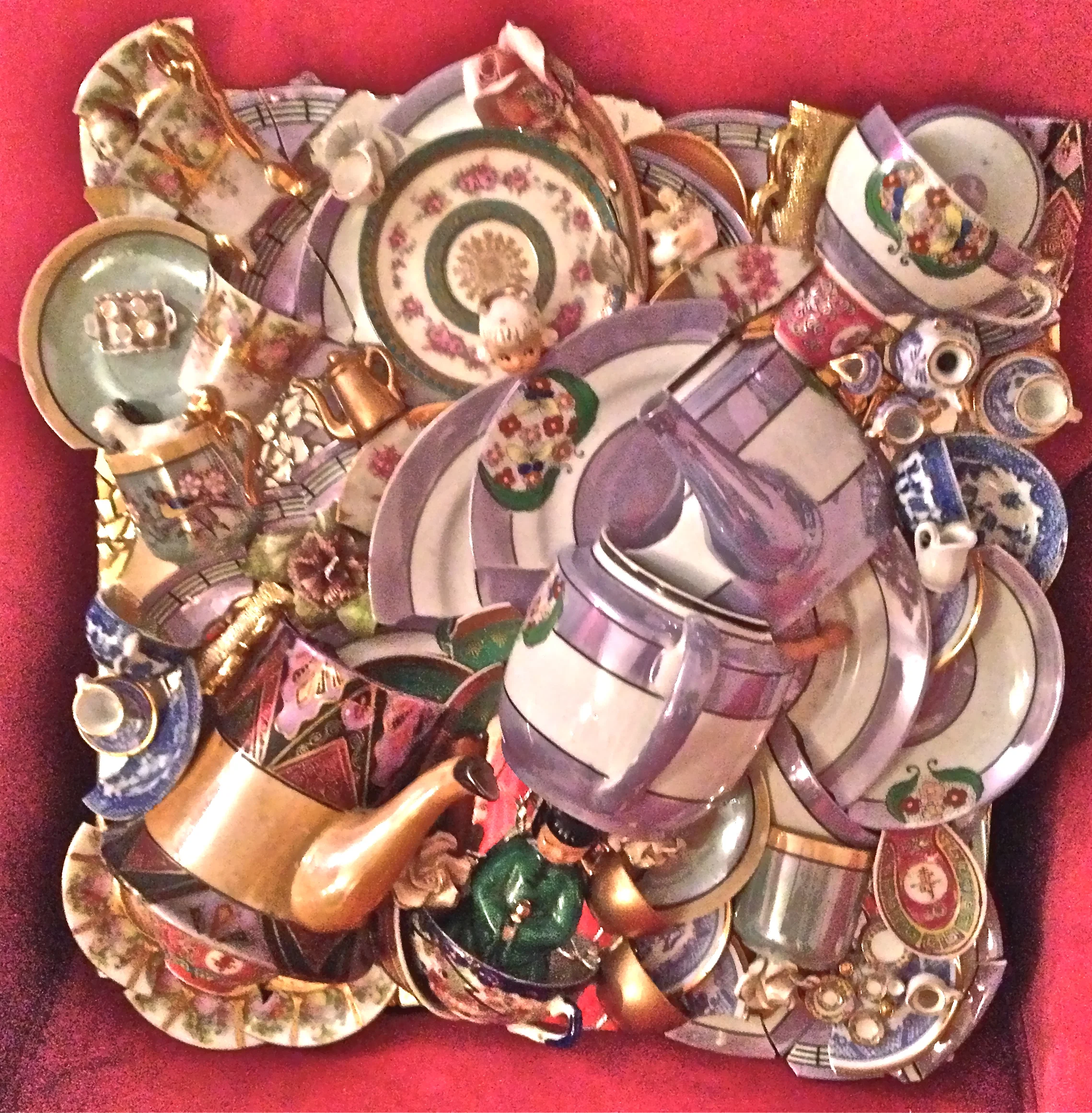 Tea Time w/ Vintage Teacups, Saucers & Plates Wall Hanging 17X 18 $2000