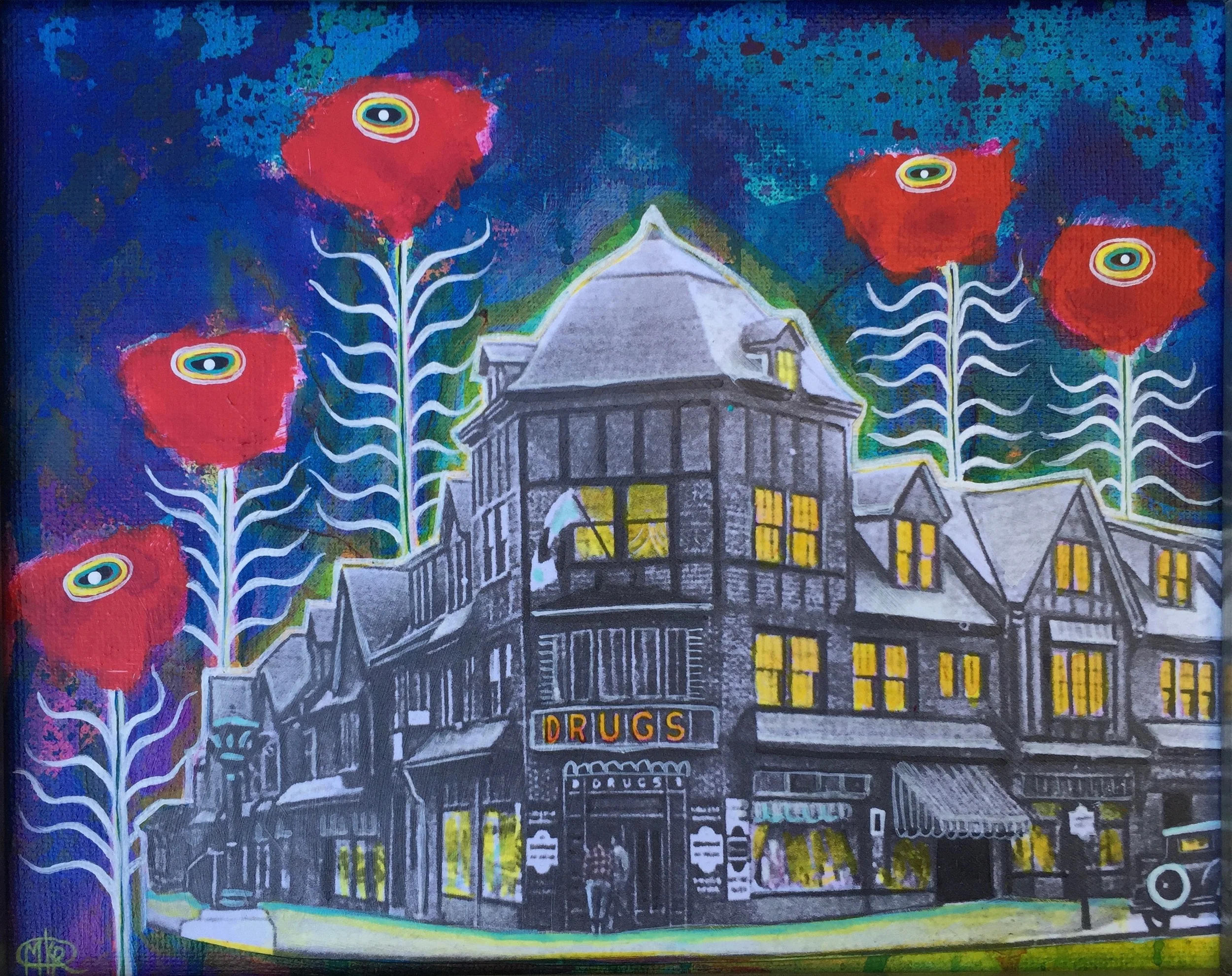 SOLD "Michaels Pharmacy II" Mixed Media 12"X12" $200