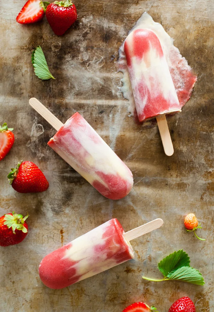 Roasted Strawberry Rhubarb Custard Popsicles via The Kitchen McCabe
