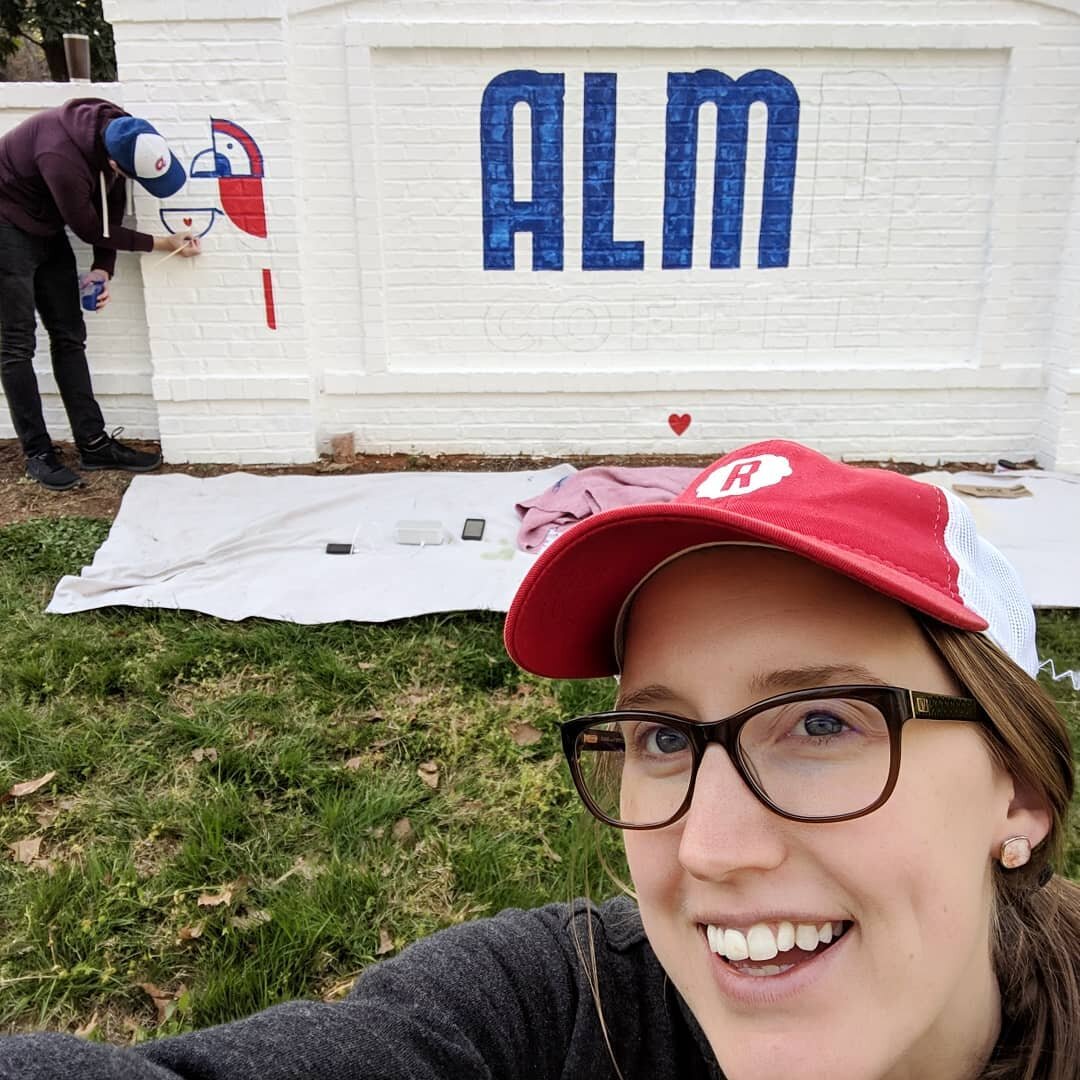 Reminiscing on a sign painting project Dusty and I worked on right before the babes were born. Loved working with @myalmacoffee and bringing @tomcoxdesign's awesome design work to the brick! It's nice to get out from behind the screens. Plus we got t