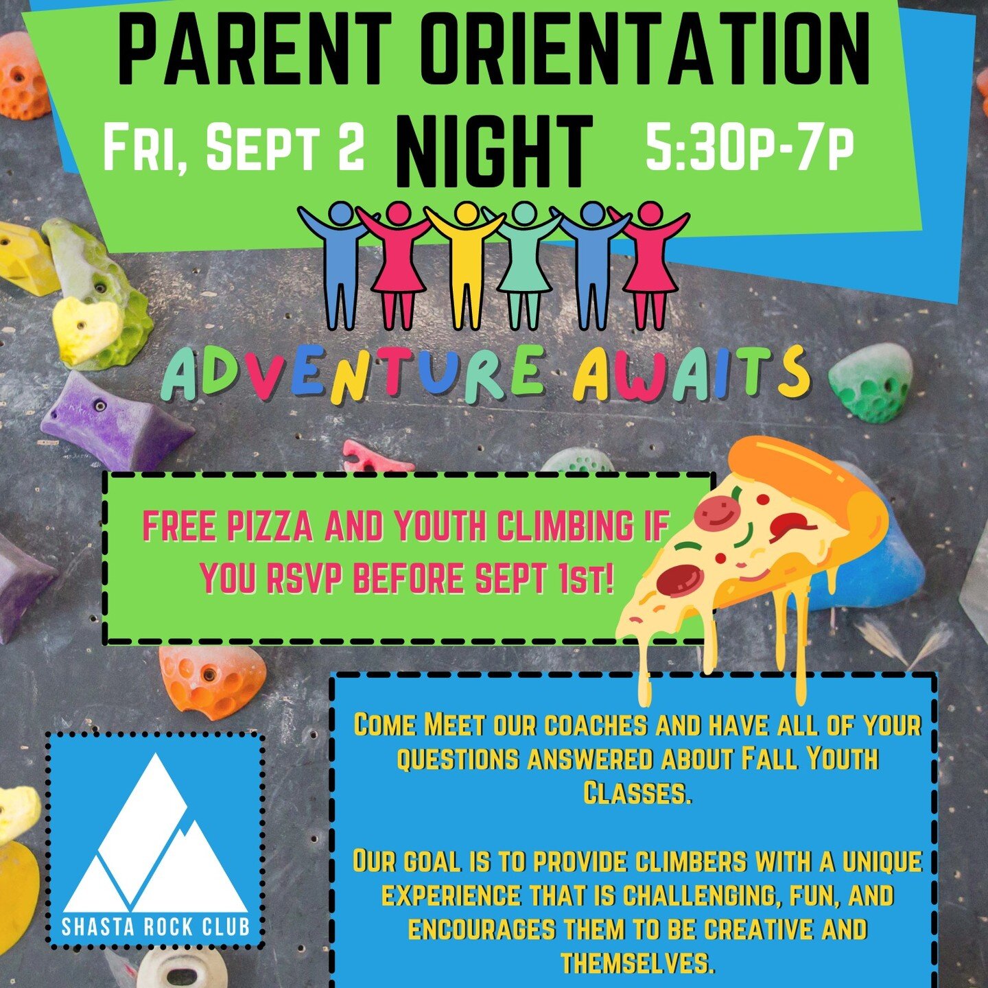 *Share with your parent friends* 
Friday, September 2nd from 5:30-7p. 
Link in the bio to RSVP.

This is an informational night for parents to learn about Shasta Rock Club's Youth Programs happening this fall! Meet our new youth director, learn the o