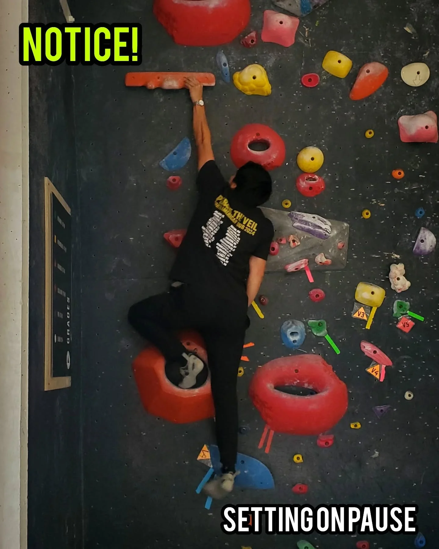 Hello everyone 👋, we will be pausing route set all the way until the competition. The days leading up, we will be resetting the entire gym. So expect new routes on all walls (except cave) in about two weeks but also no new routes in the mean time. 
