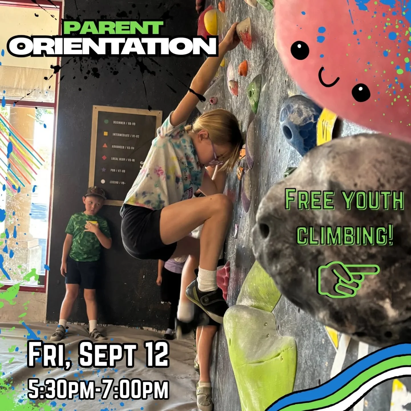 It's time for FREE climbing for all youth! 🌟 We're giving parents a chance to have their kids try out climbing for free this Friday! What do you need to do to get this offer? Just sign up for the parent orientation! It's that simple. No costs, just 