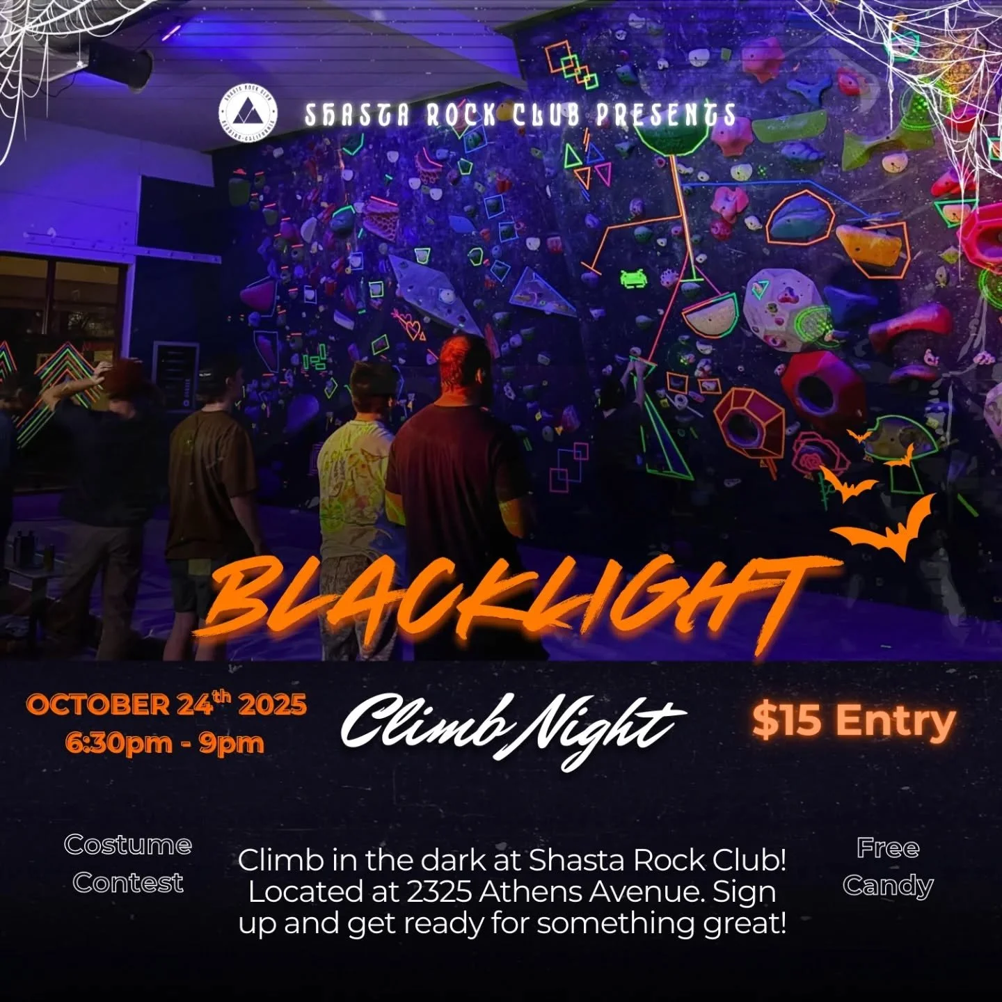 Black Light Climb Night is coming up quick! And it's going to be even more grand this time around.. We will being giving away prizes to best costumes, giving free candy, and a Dyno competition! It doesn't get more spooky and wicked than this ... 🎃

