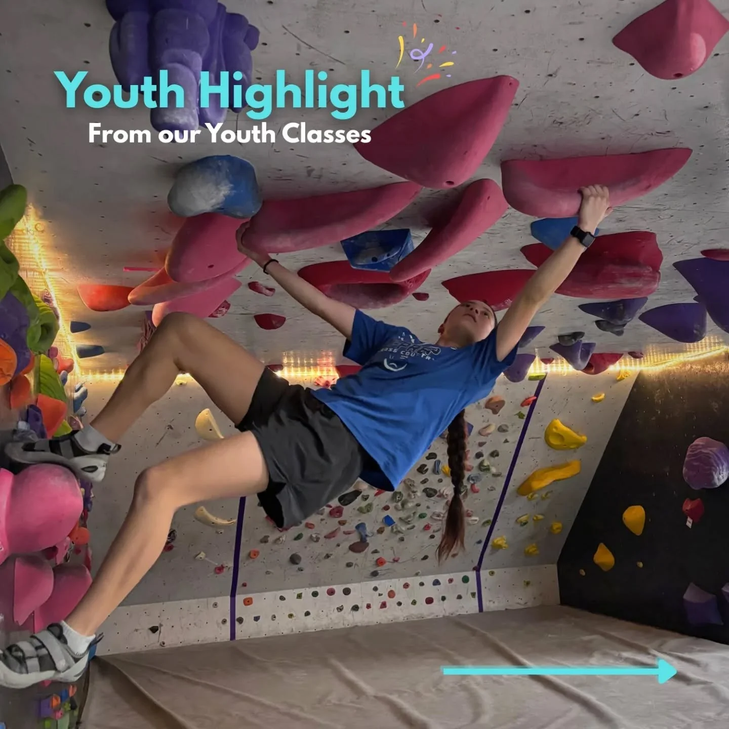 Youth Highlight of the week 🌟
We want to introduce Carolyn! It's her first time in a climbing class and she's killing it! She just earned her green band which means she has proven her climbing skills! We asked her a few questions about climbing:

Q: