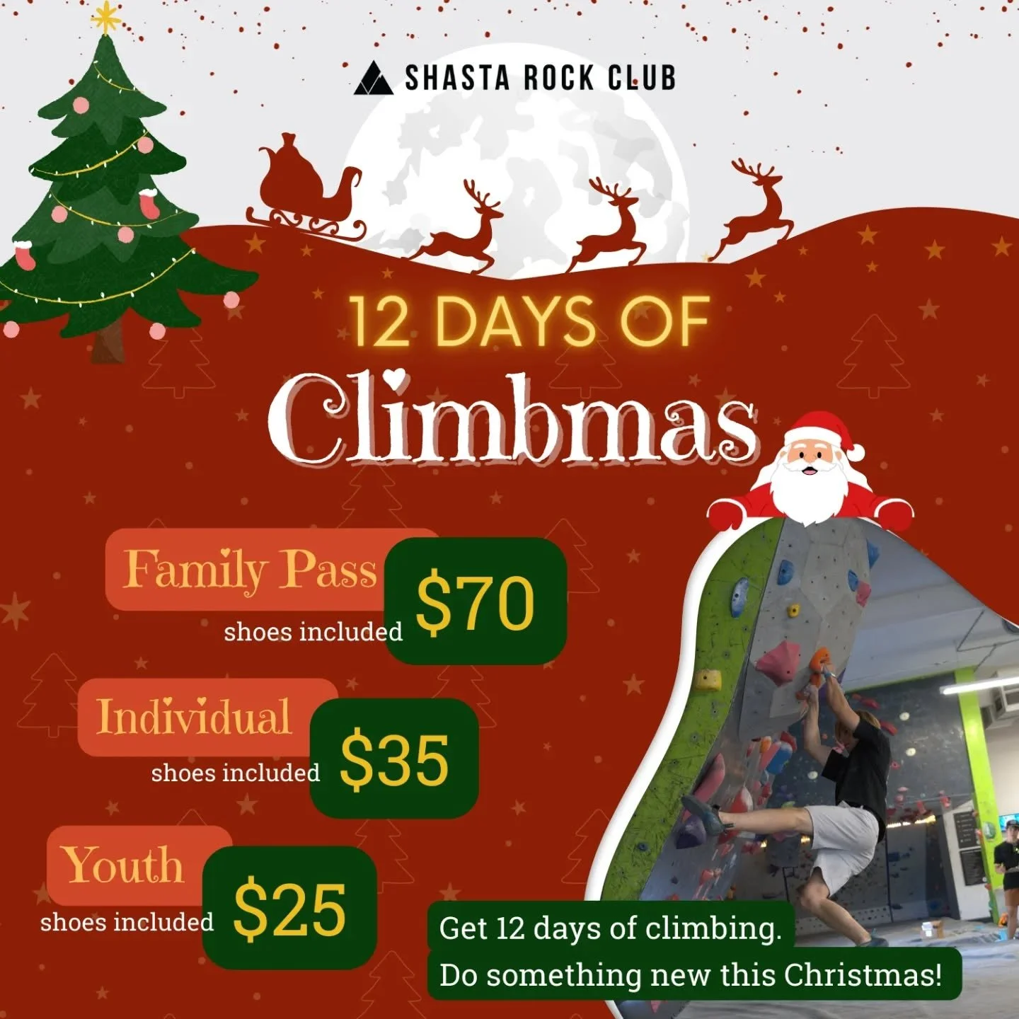 Merry Climbmas everyone! 🎅 If you haven't seen it, we have a sick promotion going on right now for you 🤙 This promotion gives you 12 continuous days of when you purchase. The perfect thing to do during this cold season. Send this to a friend or get