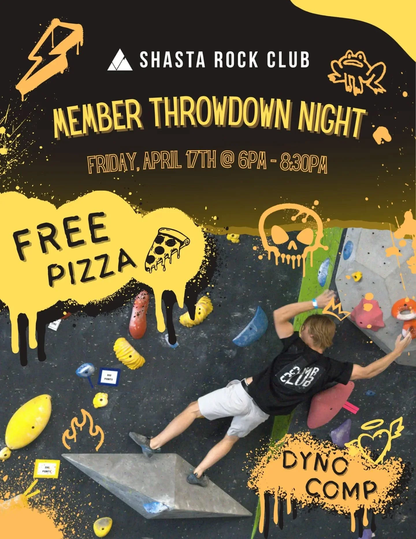 Member Throwdown this Friday! What's that look like? We're offering free pizza for everyone, a small dyno comp, and just a big thank you to all of our members who have been climbing with us! We hope you can join us this Friday! And it's completely fr