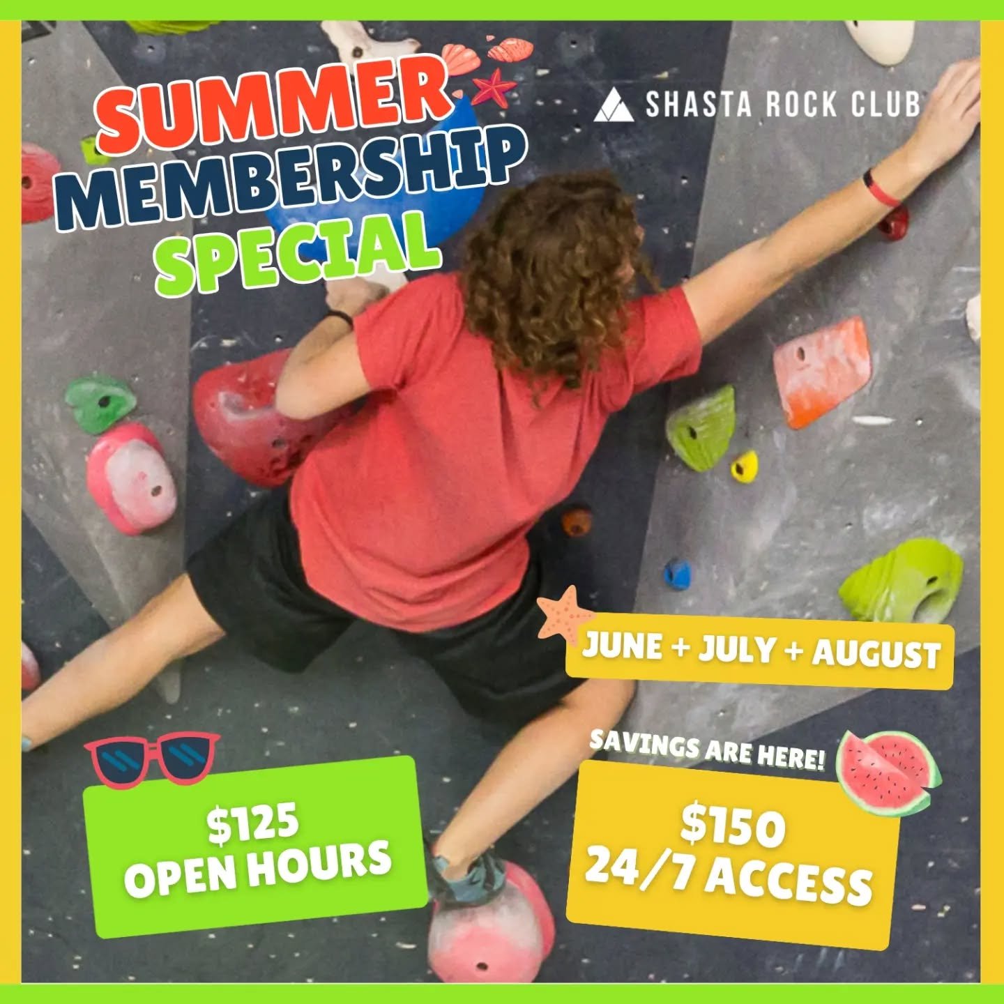 We have the perfect summer deal here for you all! Get 3 months for the cost of $125 or upgrade to 24/7 access for $150. Get a long summer filled with climbing, fun and air conditioned indoors. If you're looking for a fun way to enjoy summer, this is 