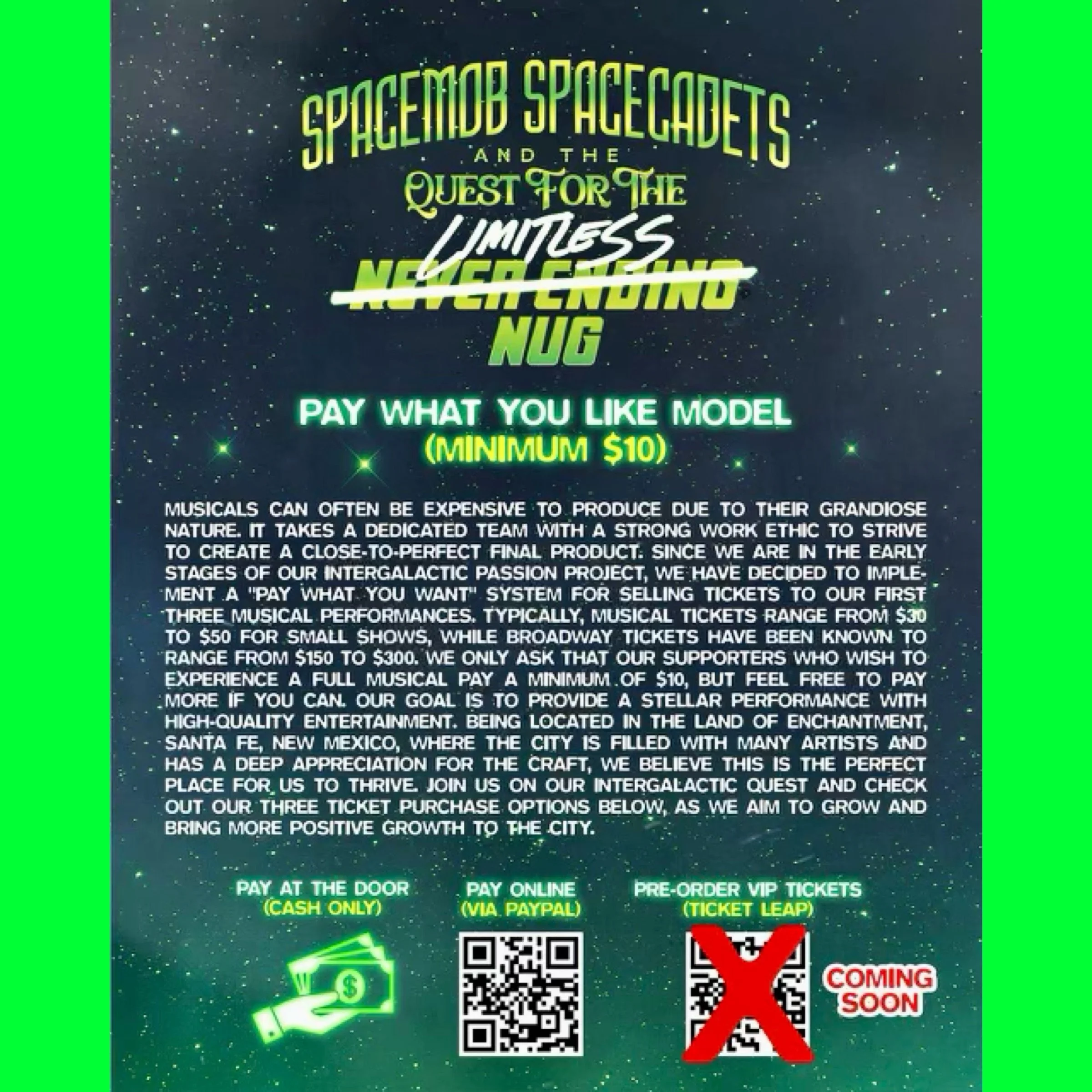 Ticket/Payment Information and Codes for the SpaceMob Show