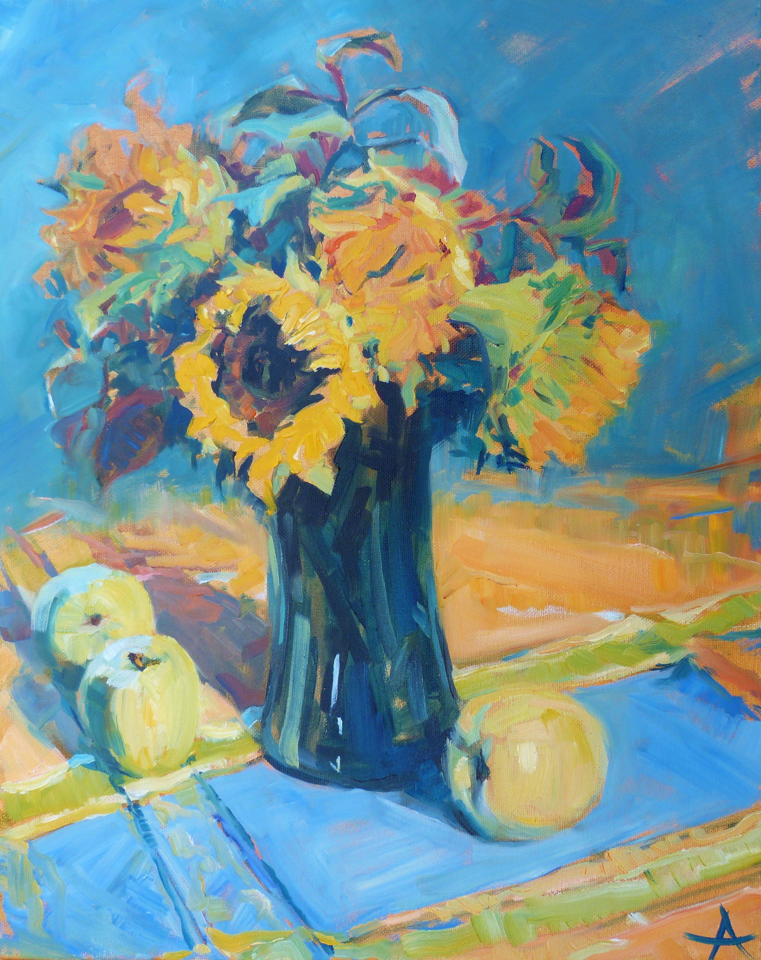 SOLD, Sunflowers, Copyright 2014 Hirschten, Oil on Canvas, 16" x 20"