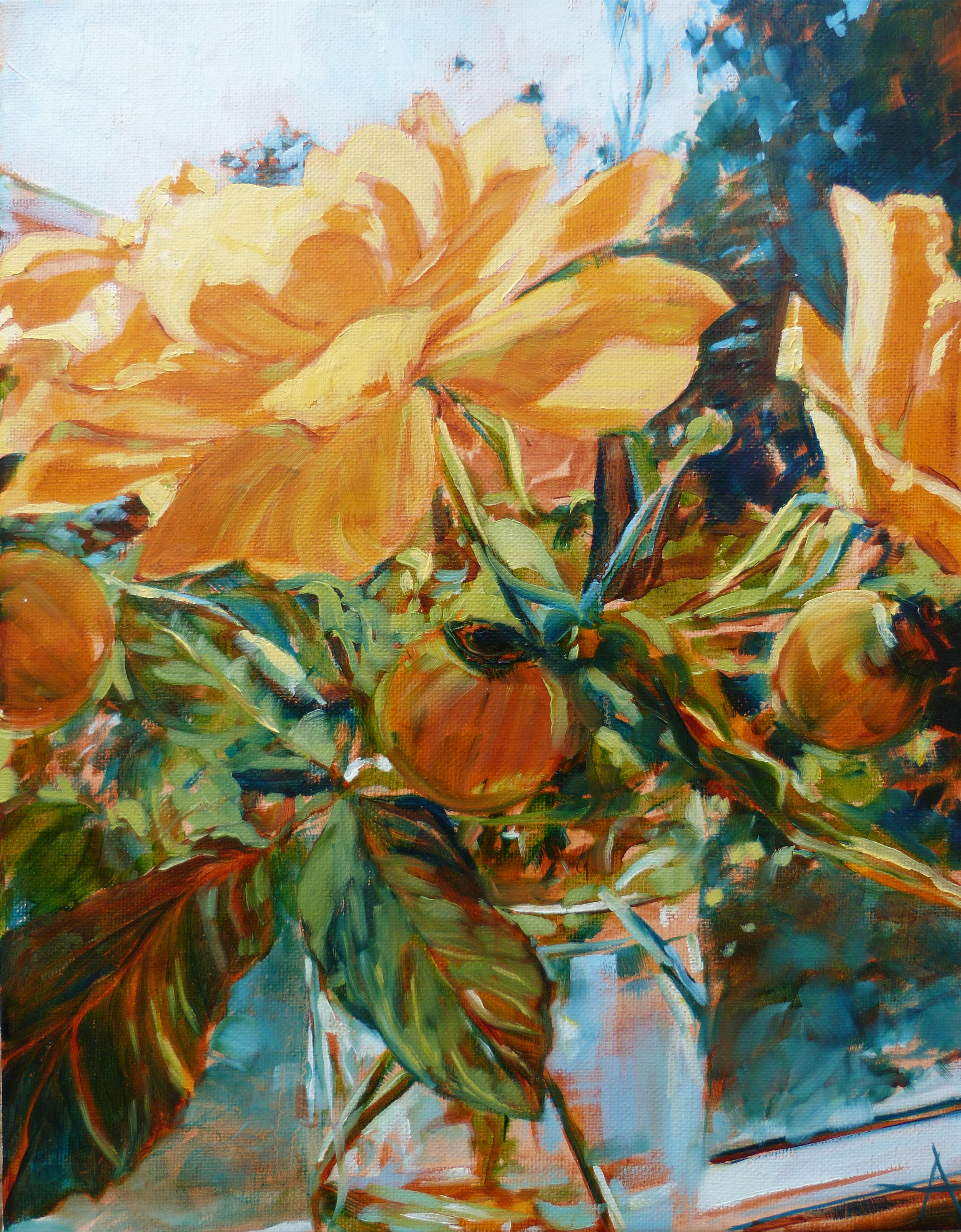 SOLD, Yellow Roses in the Window, Copyright 2014 Hirschten, Oil on Canvas, 11' x 14"