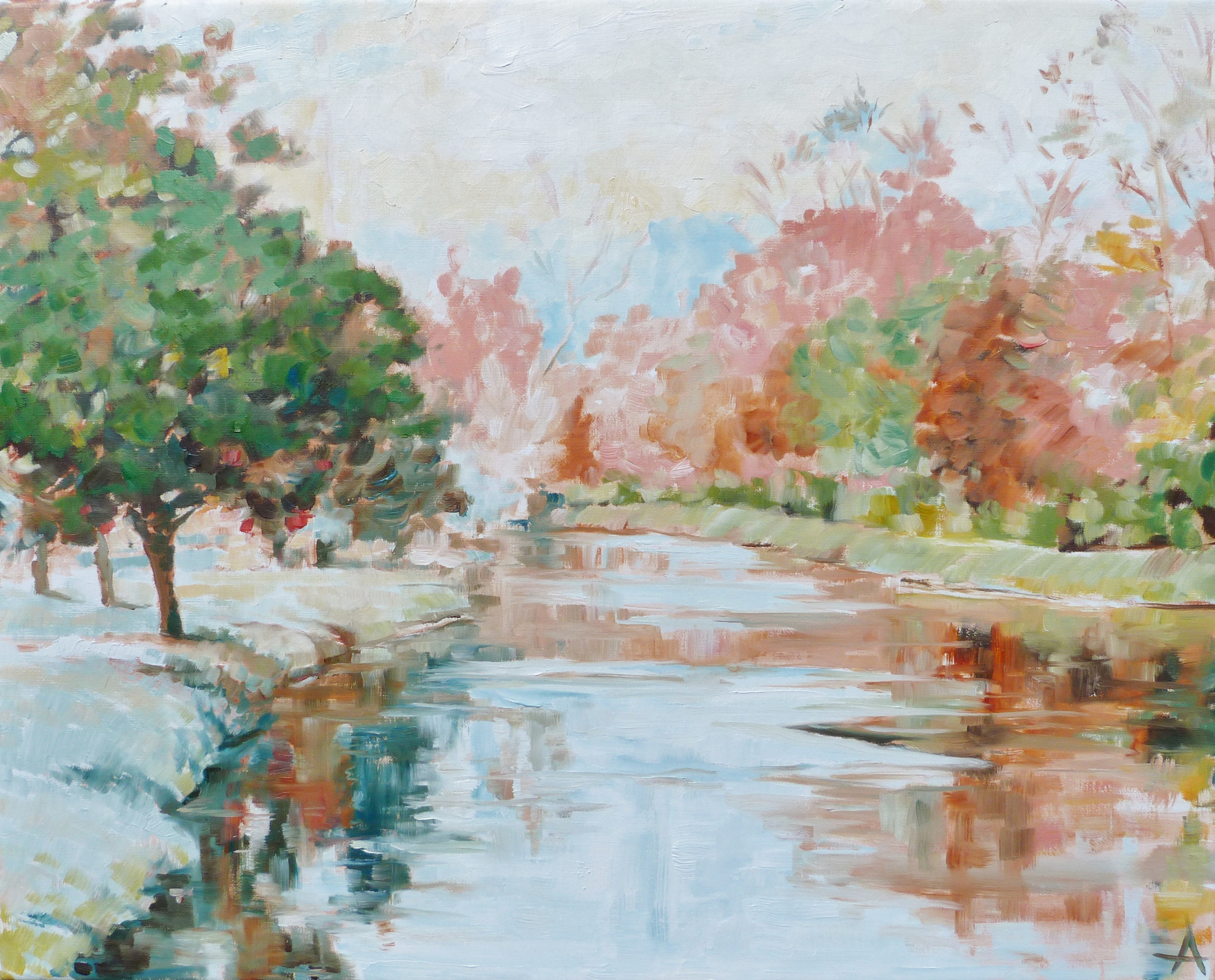 SOLD, April on the Canal, Copyright 2013 Hirschten, Oil on Canvas, 16" x 20"