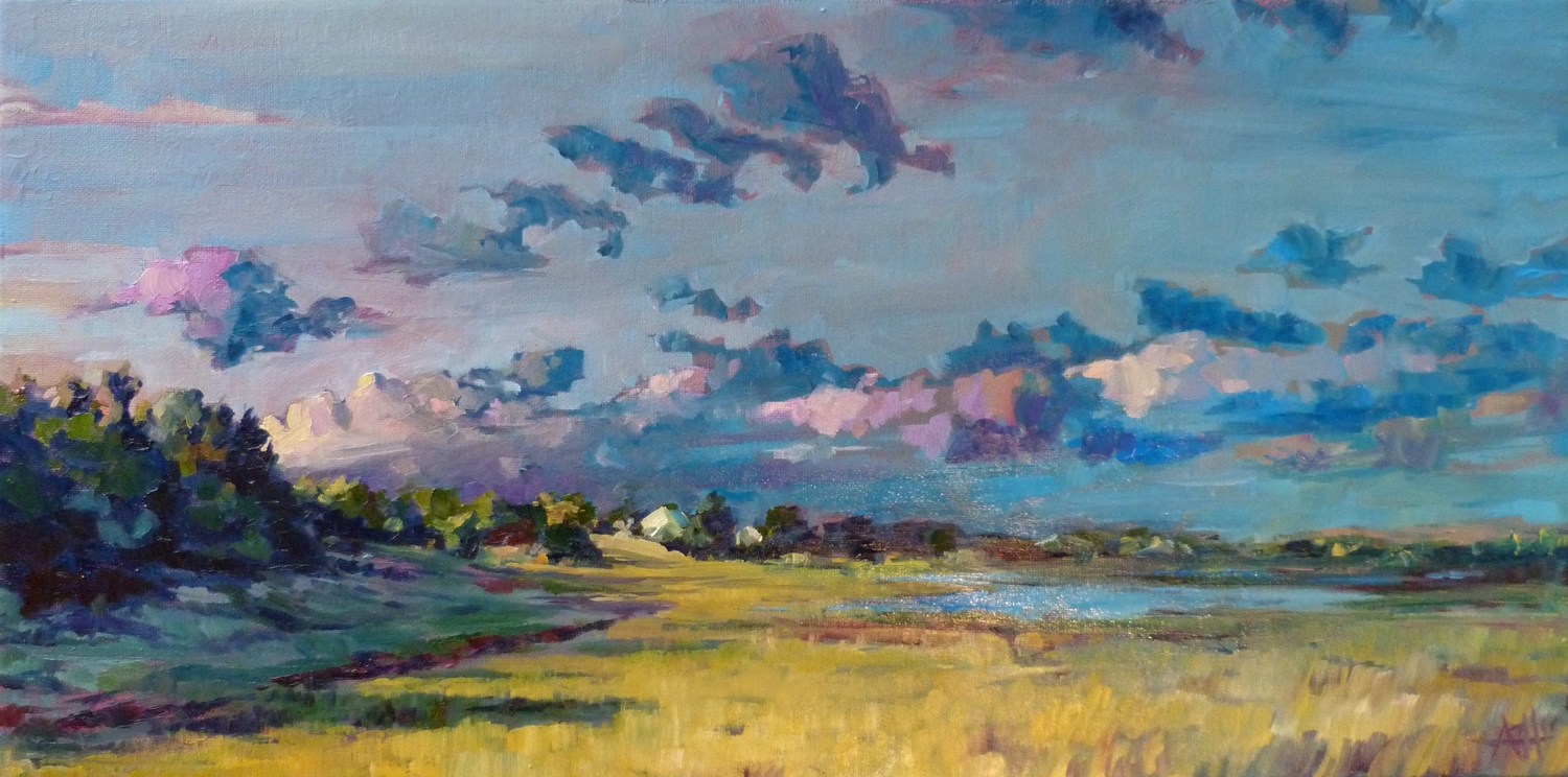 SOLD, Carrot Island Looking North, Copyright 2014 Hirschten, Oil on Canvas. 12" x 24"