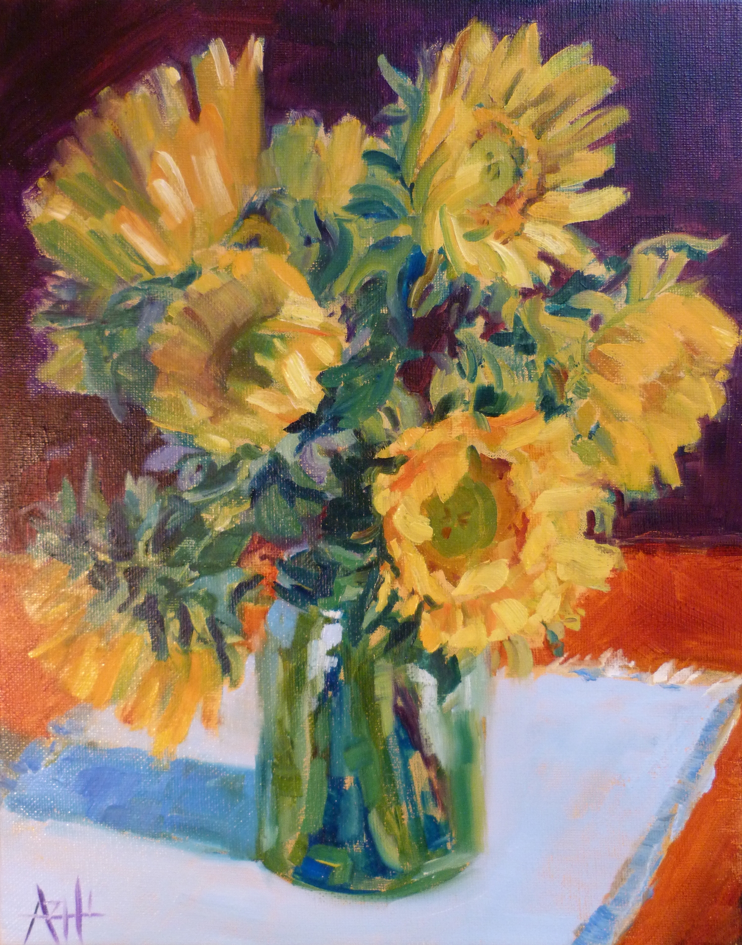 SOLD, Sunflowers in a Jar, Copyright 2014 Hirschten, Oil on Canvas, 11" x 14"