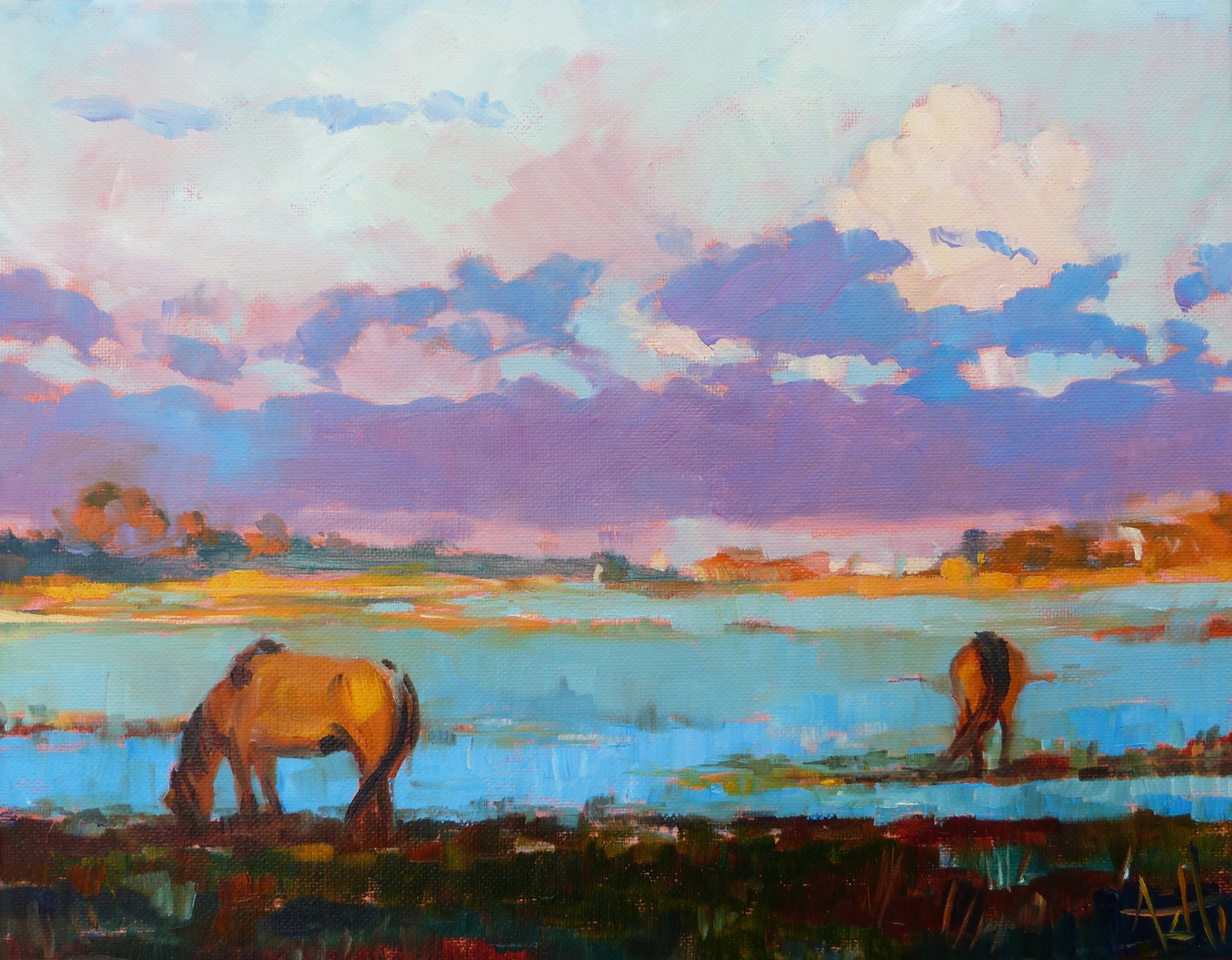SOLD, Horses on Carrot Island, Copyright 2014 Hirschten, Oil on Canvas, 11" x 14"