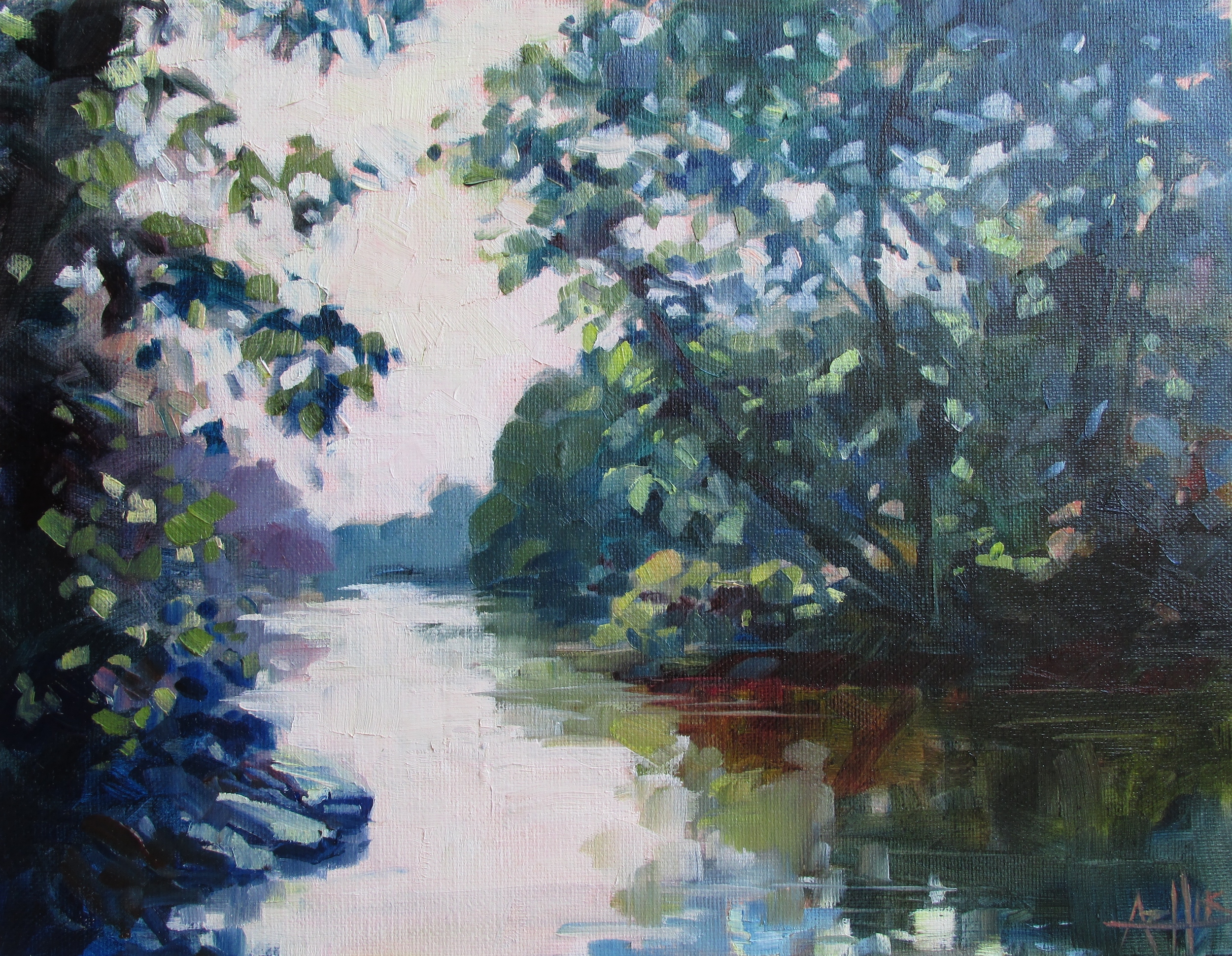 SOLD "White River Shadows" Copyright 2014 Hirschten, Oil on Canvas 11" x 14"