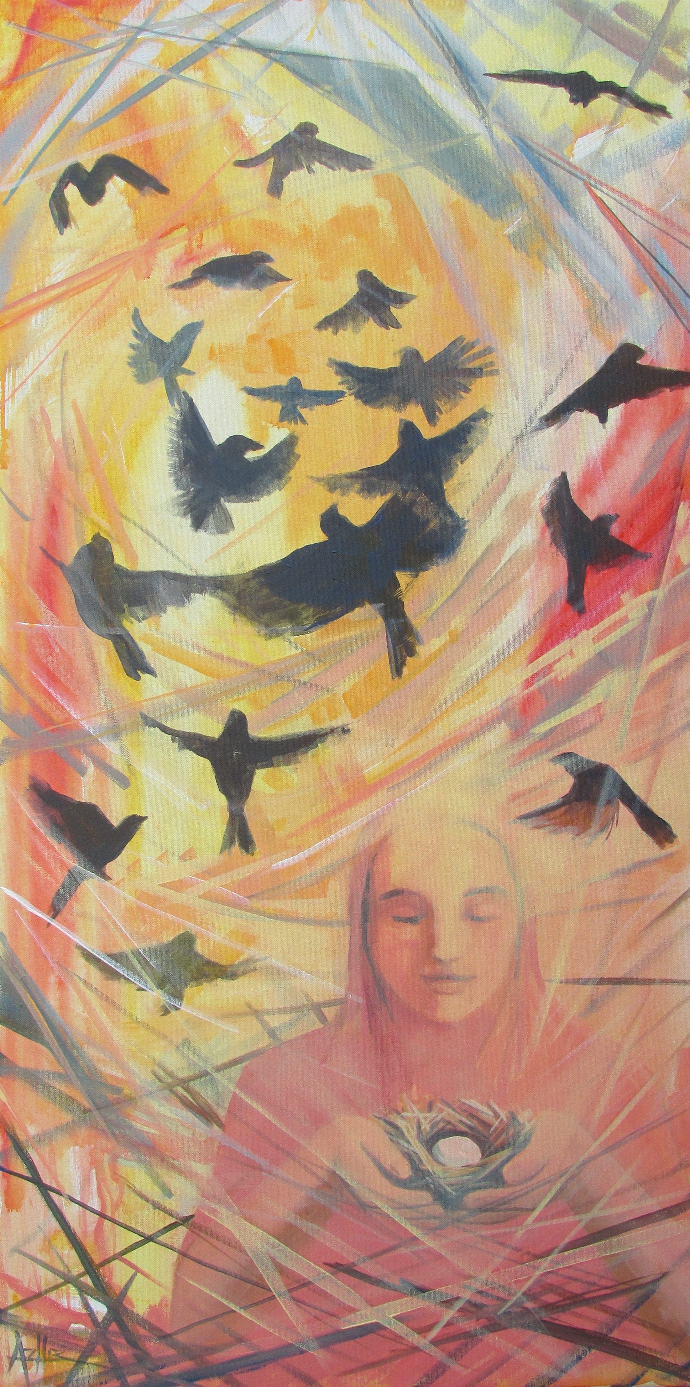 SOLD, The Birds of Syria, Copyright 2015 Hirschten, Acrylic on Canvas 18" x 36"