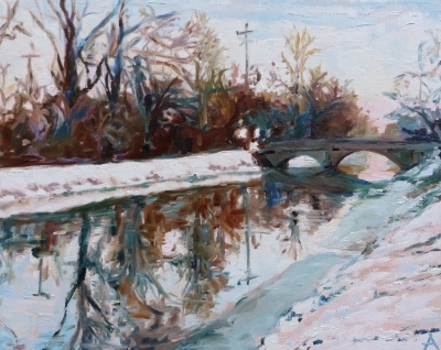 SOLD, Winter Morning on the Canal, Copyright 2014 Hirschten, Oil on Canvas, 16" x 20"